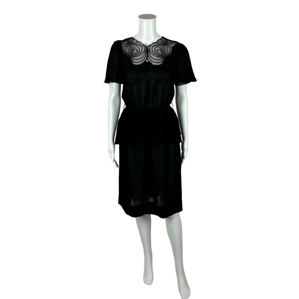 Vintage 80s Cocktail Dress Women's Small Sheer Black Mesh Neckline Peplum Waist